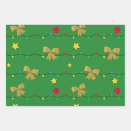 Feestelijke groene kerstlichtjes & gouden strikken inpakpapier vel