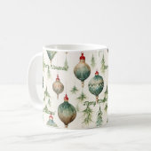 Feestelijke Groene Pijnbomen & Ornamenten Vakantie Koffiemok (Voorkant links)