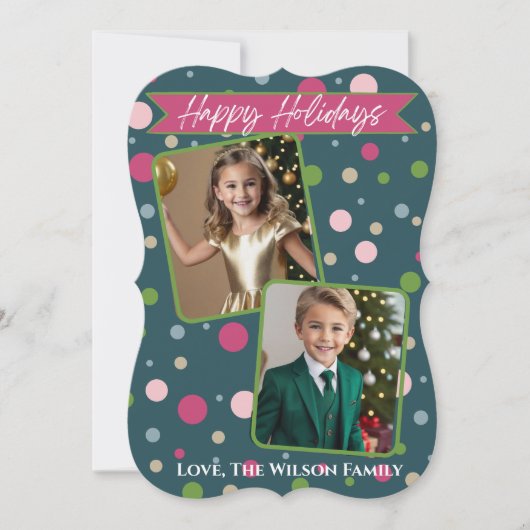 Feestelijke groene Polka Dot Foto (2) Vakantie Kaa Feestdagenkaart (Voorkant)