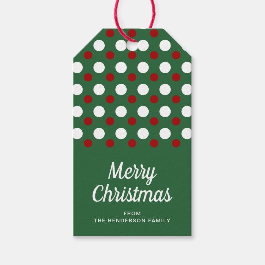 Feestelijke Groene Rode Polka Dots Kerstmis Cadeaulabel (Voorkant)