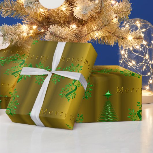 Feestelijke Groene Trimmings op Gouden Kerstmis Cadeaupapier (Feestdagen)