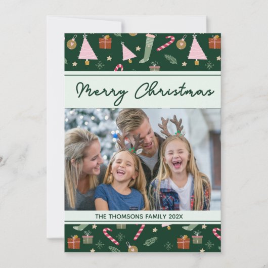 Feestelijke Groene Vrolijk Kerstpatroon Foto Feestdagenkaart (Voorkant)