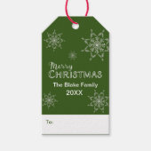 Feestelijke Groene Vrolijke Kerstmis Sneeuwvlokken Cadeaulabel (Voorkant)