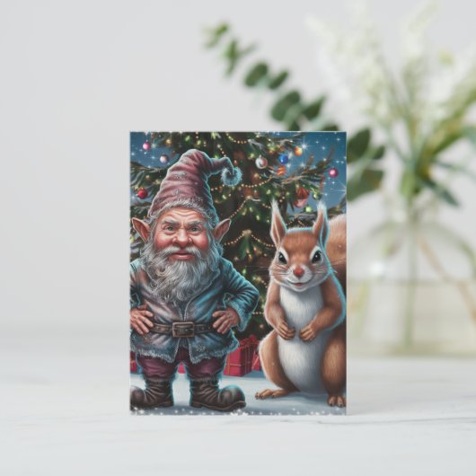 Feestelijke Grumpy Gnome en Eekhoorn Kerstmis Briefkaart (Staand voorkant)
