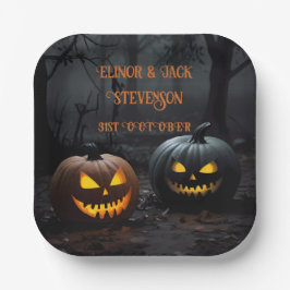 Feestelijke Halloween Pompoenen en Bloemen Patroon Papieren Bordje