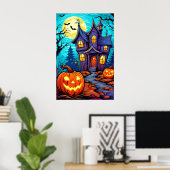 Feestelijke Halloween spookhuis illustratie Poster (Thuiskantoor)