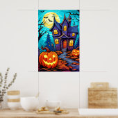 Feestelijke Halloween spookhuis illustratie Poster (Keuken)