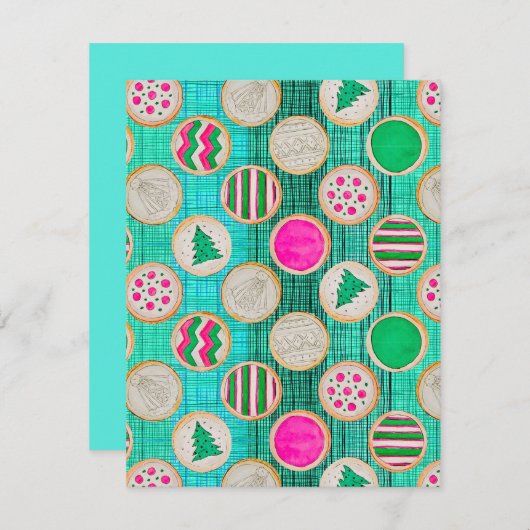 Feestelijke handgeschilderde suikerkoekjes op fel feestdagenkaart (Voorkant / Achterkant)