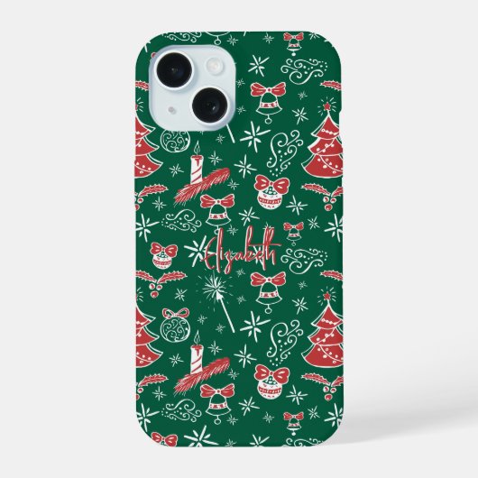 Feestelijke Handgetekende Doodles Aangepaste Naam iPhone 15 Case (Achterkant)