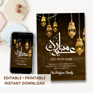 Feestelijke hangende gouden lantaarns Eid Mubarak  Feestdagenkaart