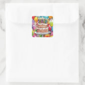 Feestelijke Happy Birthday Cake, kaarsen & ballonn Vierkante Sticker (Tas)