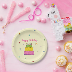 Feestelijke Happy Birthday met kleurrijke taart en Papieren Bordje