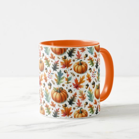 Feestelijke Herfst pompoenen en bladeren op wit Mok (Voorkant rechts)