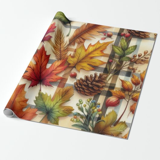 Feestelijke herfstbladeren op Plaid Cadeaupapier (Uitgerold)