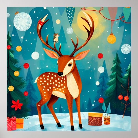 Feestelijke herten in een besneeuwd bos poster (Voorkant)