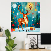 Feestelijke herten in een besneeuwd bos poster (Thuiskantoor)