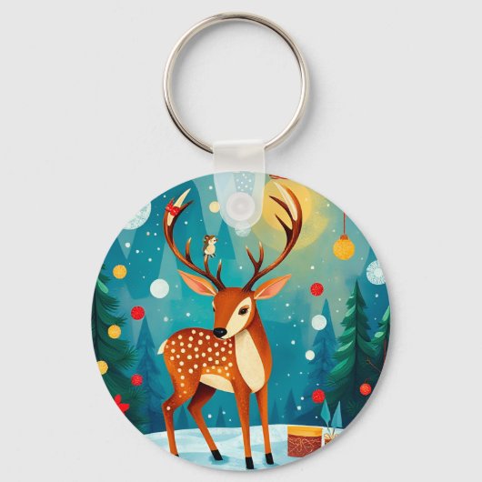 Feestelijke herten in een besneeuwd bos sleutelhanger (Voorkant)