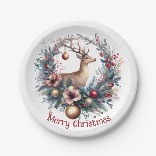 Feestelijke Herten in een Vakantiekrans 1 - Papieren Bordje (Voorkant)