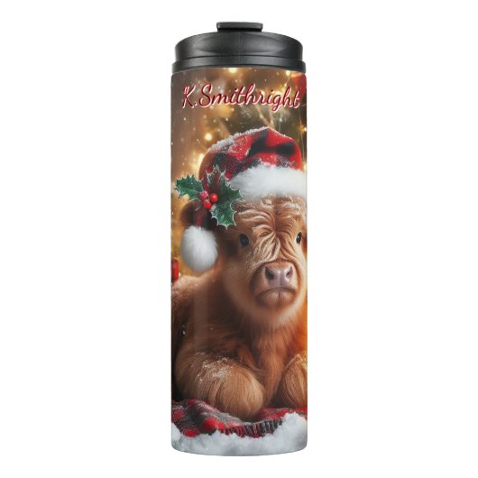 Feestelijke Highland Calf Christmas Thermosbeker (Voorkant)