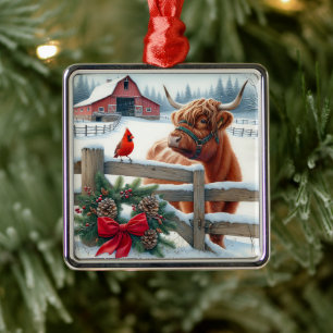 Feestelijke Highland Koe en Kardinaal Kerst Metalen Ornament