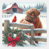 Feestelijke Highland Koe en Kardinaal Kerst Vierkante Sticker (Voorkant)