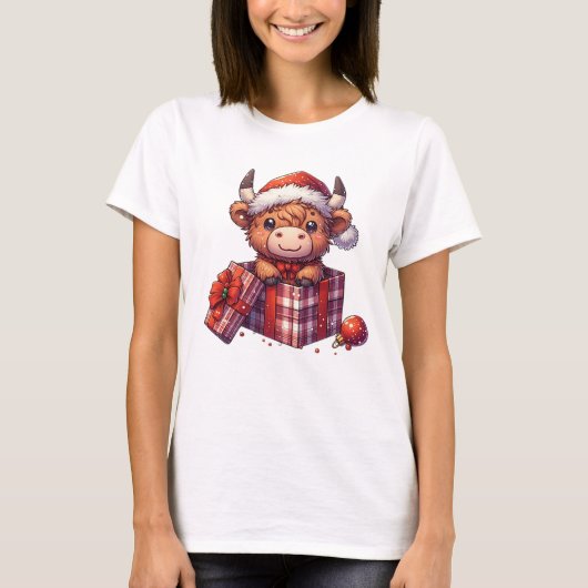 Feestelijke Highland Koe in Gift Box Christmas T-shirt (Voorkant)