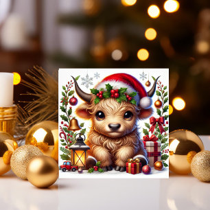 Feestelijke Highland Koe in Santa Hat Feestdagenkaart