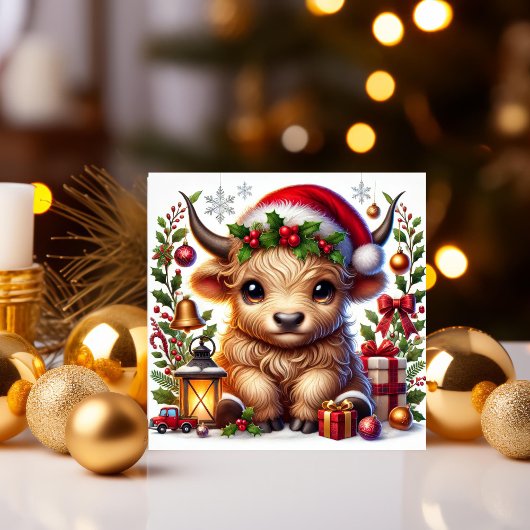 Feestelijke Highland Koe in Santa Hat Feestdagenkaart