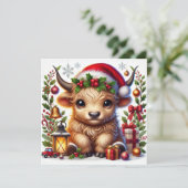 Feestelijke Highland Koe in Santa Hat Feestdagenkaart (Staand voorkant)