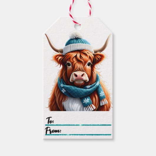 Feestelijke Highland koe Kerst labels Cadeaulabel (Voorkant)