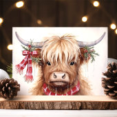 Feestelijke Highland Koe met Plaid Sjaal Feestdagen Kaart