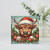 Feestelijke Highland Koe met Santa Hat Feestdagenkaart (Staand voorkant)