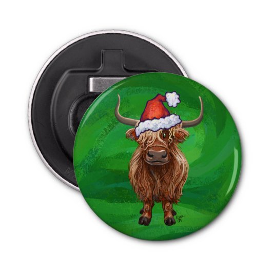 Feestelijke Highland Koe op groen Button Flesopener (Voorkant)