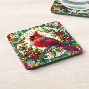 Feestelijke Holly & Berries Glas in lood Kardinaal Bier Onderzetter