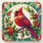 Feestelijke Holly & Berries Glas in lood Kardinaal Bier Onderzetter (Voorkant)