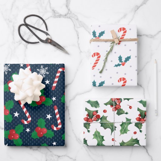 Feestelijke Holly Berry & Candy Cane Kerstmis Inpakpapier Vel (Voorkant)