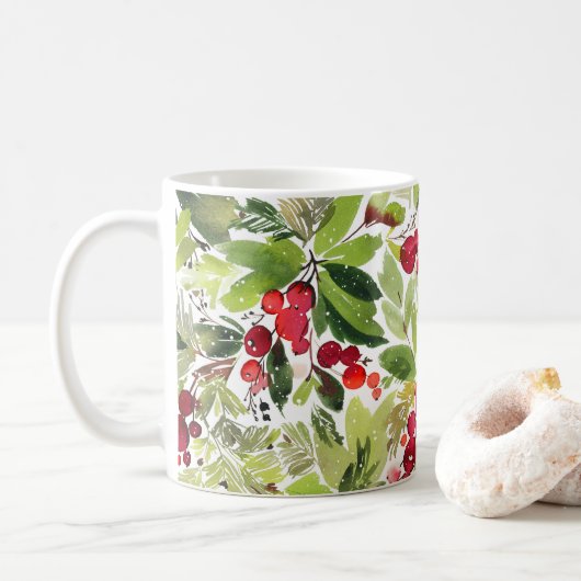 Feestelijke Holly Berry en Evergreen Waterverf Koffiemok (Met donut)