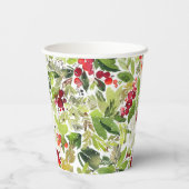 Feestelijke Holly Berry en Evergreen Waterverf Papieren Bekers (Achterkant)