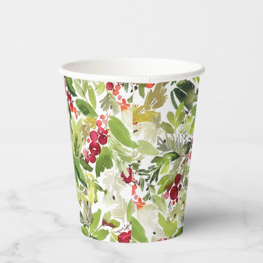 Feestelijke Holly Berry en Evergreen Waterverf Papieren Bekers (Rechts)