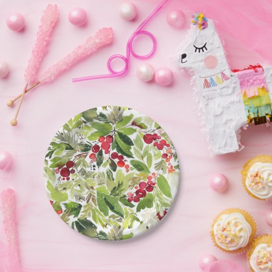 Feestelijke Holly Berry en Evergreen Waterverf Papieren Bordje (Feest)