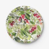Feestelijke Holly Berry en Evergreen Waterverf Papieren Bordje (Voorkant)