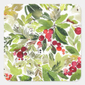 Feestelijke Holly Berry en Evergreen Waterverf Vierkante Sticker (Voorkant)
