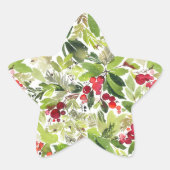 Feestelijke Holly Berry Waterverf Ster Sticker (Voorkant)