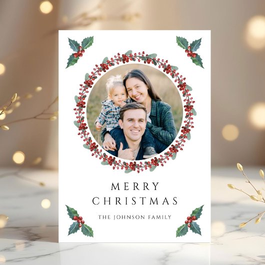 Feestelijke Holly Botanical Greenery Foto Kerstmis Feestdagenkaart
