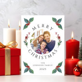 Feestelijke Holly Botanical Greenery Foto Kerstmis Feestdagenkaart