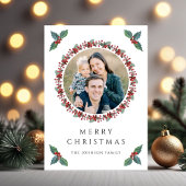 Feestelijke Holly Botanical Greenery Foto Kerstmis Feestdagenkaart