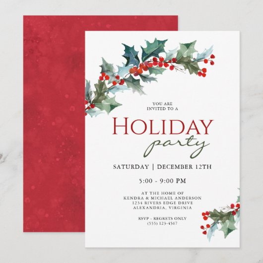 Feestelijke Holly Botanical Holiday Party Kaart (Voorkant / Achterkant)