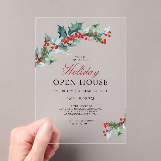 Feestelijke Holly Christmas Holiday Open House Acryl Uitnodigingen (Insitu (Draagbaar))