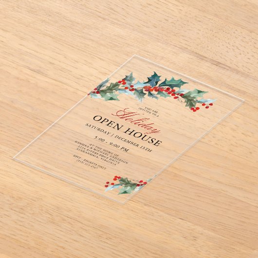 Feestelijke Holly Christmas Holiday Open House Acryl Uitnodigingen (Laagn)