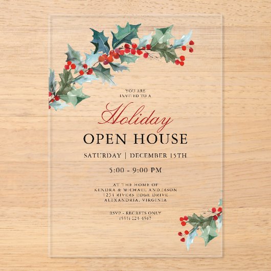 Feestelijke Holly Christmas Holiday Open House Acryl Uitnodigingen (Voorkant)